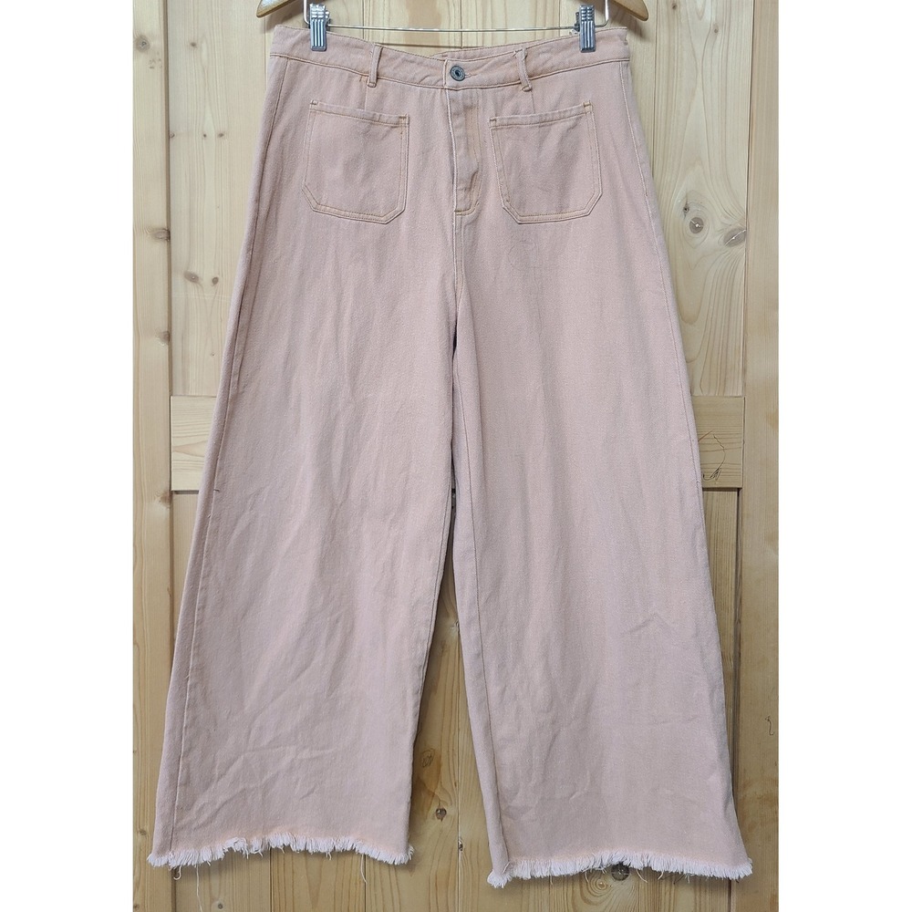 Umgee Wide Leg Pants Women Large Peach Pink Raw Hem High Rise Denim - Picture 1 of 11